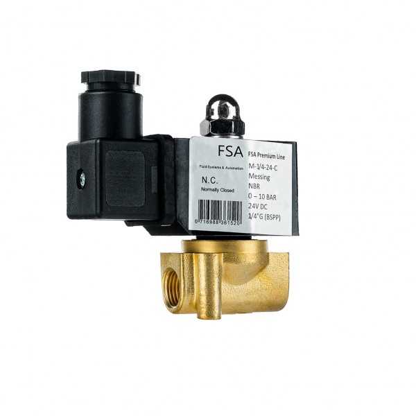 FSA Messing Magnetventil 1/2" 24V DC – Stromlos Geschlossen, 0-10 Bar, Mit Viton-Dichtung