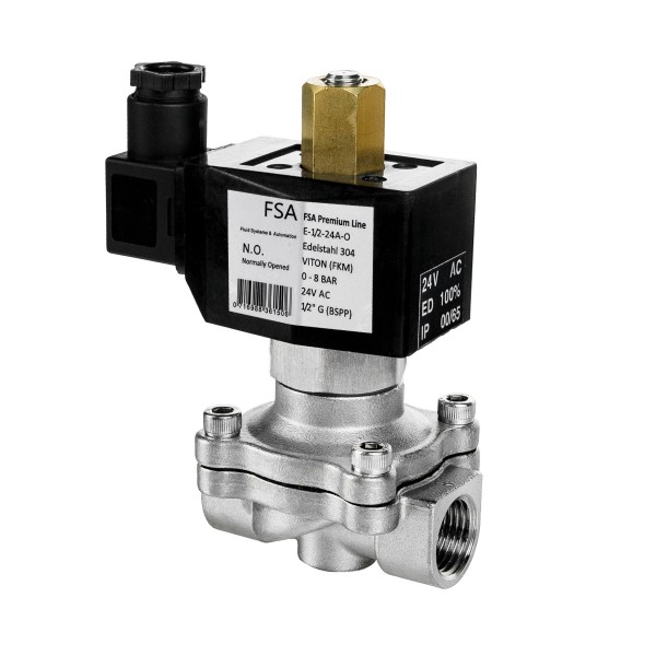 FSA Magnetventil Edelstahl 304 1/2" 24V AC 0-8 bar Viton stromlos offen
